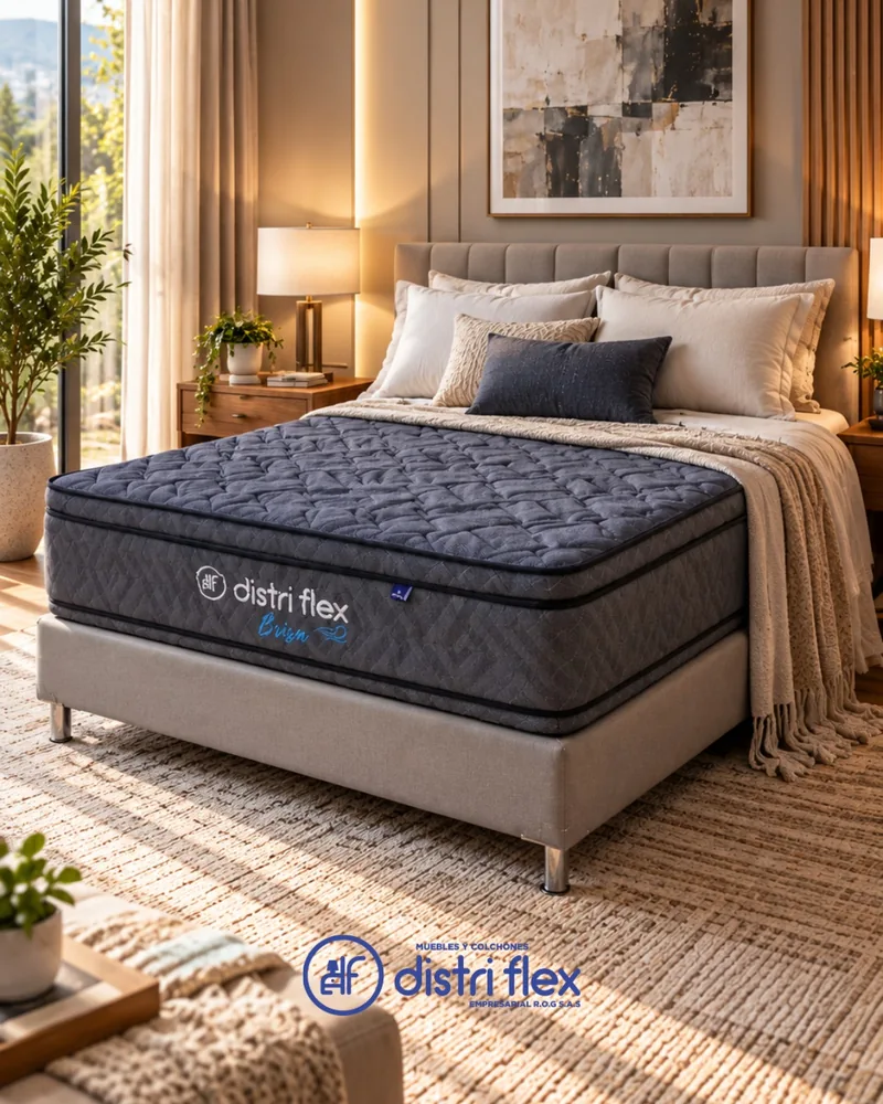 Colchón Distriflex Brisa sobre base cama tapizada en una alcoba iluminada