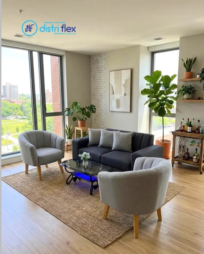 Sala Distriflex con sofá azul oscuro y dos poltronas grises